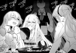  4girls absurdres anger_vein apron ascot blush choker closed_eyes coat commentary_request covering_own_mouth cross drink drunk eyes_visible_through_hair eyewear_on_head false_smile food fork fur-trimmed_coat fur_trim girls&#039;_frontline gloves greyscale hair_between_eyes hair_bun hair_ribbon hand_over_own_mouth hat highres holding holding_fork iron_cross kar98k_(girls&#039;_frontline) lee-enfield_(girls&#039;_frontline) long_hair long_sleeves military military_uniform monochrome monocle mosin-nagant_(girls&#039;_frontline) mosin-nagant_(mod3)_(girls&#039;_frontline) multiple_girls mush necktie one_eye_closed open_mouth pitcher_(container) ribbon shaded_face sidelocks single_hair_bun smile sound_effects springfield_(girls&#039;_frontline) sweatdrop tearing_up teeth tied_hair tongue uniform unworn_hat unworn_headwear upper_teeth_only wing_collar 