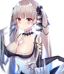  azur_lane bare_shoulders between_breasts black_dress blush breasts cleavage dress earrings female formidable_(azur_lane) frilled_dress frills grey_hair hair_ribbon hand_in_own_hair highres jewelry large_breasts long_hair long_sleeves looking_at_viewer red_eyes ribbon skirt_hold solo twintails two-tone_dress very_long_hair yuteke_key 