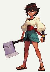  ajna_(indivisible) ankle_wrap axe bike_shorts bracelet bridal_gauntlets brown_eyes brown_hair dark-skinned_female dark_skin female full_body hungry_clicker indivisible jewelry puffy_sleeves sandals sash solo 