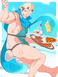  1boy :d alternate_costume apron ass bara bare_shoulders black_fundoshi black_hair black_male_underwear blonde_hair blue_apron blue_scarf crow_(siranui) curry food foot_out_of_frame fundoshi highres holding holding_tray horns ice_cream japanese_clothes jiraiya_(housamo) looking_at_viewer male_focus male_underwear multicolored_hair muscular muscular_male no_pants oni open_mouth pectorals pointy_ears scarf short_hair sideburns sidepec skin-covered_horns smile solo thighs tokyo_afterschool_summoners tray two-tone_hair undercut underwear 