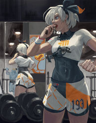  absurdres bea_(pokemon) black_bodysuit black_hairband bodysuit bodysuit_under_clothes breasts collared_shirt commentary dark-skinned_female dark_skin dumbbell dynamax_band eating female food grey_eyes grey_hair gym hairband hand_up highres holding holding_food machoke mirror nazgul_(5511474) photoshop_(medium) pokemon pokemon_(creature) pokemon_swsh print_shirt print_shorts reflection shirt short_hair short_sleeves shorts standing tied_shirt 