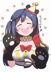  :d ^_^ animal_hands black_hair blush breasts cleavage closed_eyes commentary cropped_torso female gloves hat infinity!_our_wings!! long_hair love_live! love_live!_nijigasaki_high_school_idol_club medium_breasts mittens neck_ruff official_alternate_costume one_side_up open_mouth paw_gloves puffy_short_sleeves puffy_sleeves repunit short_sleeves smile solo swept_bangs symbol-only_commentary teeth tilted_headwear upper_teeth_only yuki_setsuna_(love_live!) 