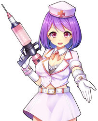  :d belt bra breasts cleavage commentary_request edamame_senpai female frilled_bra frills gloves gun hat highres holding holding_gun holding_weapon md5_mismatch nurse_cap official_art open_mouth orange_ribbon outstretched_hand photoshop_(medium) pink_eyes pink_skirt purple_hair ribbon short_hair skirt smile solo standing syringe syringe_gun underwear vivid_army weapon white_background white_gloves 