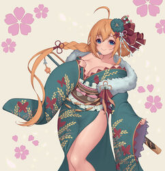  ahoge animal_print baeg_mi bare_legs bare_shoulders blue_eyes blush bow braid breasts butterfly_print cleavage closed_mouth collarbone commentary dango_hair_ornament feet_out_of_frame female flower food-themed_hair_ornament frills green_kimono hair_bun hair_flower hair_ornament hairbow hand_on_own_chest highres japanese_clothes kimono large_breasts long_hair long_sleeves obi off_shoulder onigiri_ornament orange_hair pecorine_(new_year)_(princess_connect!) pecorine_(princess_connect!) petals princess_connect! print_kimono red_bow red_flower sash single_braid single_hair_bun single_side_bun smile solo standing tassel very_long_hair white_flower wide_sleeves yellow_background 