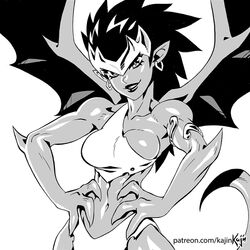  1:1 2020 armlet black_and_white breasts clothing demona_(gargoyles) digital_media_(artwork) disney ear_piercing ear_ring female gargoyle gargoyles glistening glistening_body hair humanoid kajinman looking_at_viewer membrane_(anatomy) membranous_wings monochrome navel piercing ring_piercing simple_background smile solo standing text url white_background wings 