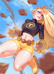  animification ankle_boots belt belt_buckle belt_pouch bike_shorts black_shirt blonde_hair blue_eyes blue_sky blush boots breasts brown_belt brown_gloves buckle clenched_teeth covered_collarbone crop_top dc_comics emblem english_commentary female fighting gloves highres long_hair long_sleeves looking_at_viewer medium_breasts midriff motion_blur navel outdoors parted_lips pouch qtori rock shirt shorts sky solo sweat teen_titans teeth terra_(dc) yellow_footwear yellow_shorts 