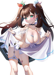  absurdres bandaid bandaid_on_chest bandaid_on_knee bandaid_on_leg bikini black_choker blush breasts brown_hair choker cleavage day female garter_straps green_eyes hair_ornament hanamori_healthy highres indie_virtual_youtuber large_breasts long_hair looking_at_viewer navel seele0907 smile solo sunlight swimsuit twintails virtual_youtuber white_background white_bikini 