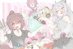  4girls :d animal_ears black_shirt blonde_hair blush breasts brown_hair carrying cleavage clothing_cutout commentary_request cooking dog_ears dog_girl drooling fangs grey_hair hashiguma head_wings highres hololive horns inugami_korone inugami_korone_(loungewear) lion_ears lion_girl listener_(inugami_korone) long_hair mouth_drool multiple_girls oerba_yun_fang official_alternate_costume official_alternate_hairstyle open_mouth pink_hair princess_carry sheep_girl sheep_horns shirt shishiro_botan shishiro_botan_(casual) short_hair shoulder_cutout smile ssrb_(shishiro_botan) t-shirt takane_lui takane_lui_(1st_costume) takoyaki_pan tsunomaki_watame tsunomaki_watame_(loungewear) virtual_youtuber watamate wings yubi_yubi_(inugami_korone) 