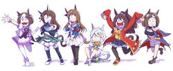  6+girls :d ;) absurdres akatsuka_fujio_(style) animal_ears asymmetrical_footwear bare_shoulders black_footwear black_ribbon black_skirt black_thighhighs blue_jacket braid breasts brown_footwear brown_hair brown_vest cleavage closed_mouth collared_shirt commentary dress ear_covers el_condor_pasa_(umamusume) esper_nyanko flower frilled_skirt frilled_sleeves frilled_thighhighs frills golden_generation_(umamusume) grass_wonder_(umamusume) green_jacket green_shorts grey_hair hair_flower hair_ornament hairclip highres horse_ears horse_girl horse_tail jacket king_halo_(umamusume) long_hair long_sleeves matsuno_choromatsu matsuno_ichimatsu matsuno_jyushimatsu matsuno_karamatsu matsuno_osomatsu matsuno_todomatsu medium_breasts mismatched_footwear misoni_(mi_so_ni_t) multicolored_hair multiple_girls neck_ribbon off_shoulder one_eye_closed open_clothes open_jacket osomatsu-san osomatsu_(series) parody pleated_skirt puffy_short_sleeves puffy_sleeves red_footwear red_jacket ribbon seiun_sky_(umamusume) shadow shirt shoes short_shorts short_sleeves shorts simple_background single_ear_cover sitting skirt sleeves_past_fingers sleeves_past_wrists smile special_week_(umamusume) standing standing_on_one_leg style_parody tail thighhighs tsurumaru_tsuyoshi_(umamusume) two-tone_hair umamusume very_long_hair vest white_background white_dress white_footwear white_hair white_jacket white_shirt white_skirt white_thighhighs wrist_cuffs yellow_flower yellow_shirt 