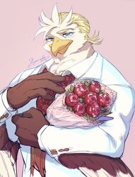  accipitrid accipitriform anthro avian beak bird blonde_hair blush bouquet eagle feathers flower fuyoudo624 hair lifewonders male pink_background plant rose_(flower) simple_background solo thunderbird_(tas) tokyo_afterschool_summoners white_body white_feathers 