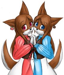  anthro blue_eyes brown_body brown_fur brown_hair canid canine canis clothing domestic_dog dress duo ear_piercing ear_ring female frown fur hair hi_res mammal piercing pudi_schwi py_scwhi red_eyes ring_piercing smile tetsushi 