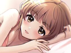  :p bed_sheet blunt_bangs blurry blush bra breasts brown_hair cleavage collarbone female highres idolmaster idolmaster_cinderella_girls kitami_yuzu looking_at_viewer lying on_side pink_bra simple_background solo tongue tongue_out underwear yuzuhota0313 