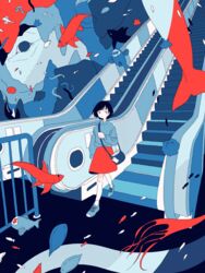  absurdres bag black_hair blob blue_theme escalator female fish handbag highres ligne_claire limited_palette long_sleeves mitsuki_sanagi original red_skirt short_hair skirt solo sweater walking wide_shot 