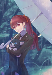  animal black_jacket blurry blurry_background bow carrying commentary_request feline female hair_between_eyes hairbow highres holding holding_animal holding_cat holding_umbrella jacket long_hair long_sleeves morgana_(persona_5) open_mouth orange_bow outdoors persona persona_5 persona_5_the_royal ponytail rain red_eyes red_hair riou_(pooh920) sweater turtleneck turtleneck_sweater umbrella white_sweater white_umbrella yoshizawa_kasumi 