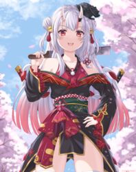  blurry blurry_background cherry_blossoms collarbone commentary cowboy_shot female gardavwar gradient_hair hair_between_eyes hair_ornament highres hololive horns japanese_clothes long_hair looking_at_viewer machete multicolored_hair nakiri_ayame nakiri_ayame_(1st_costume) open_mouth red_eyes red_hair skin-covered_horns sky solo streaked_hair thighs two-tone_hair virtual_youtuber white_hair 