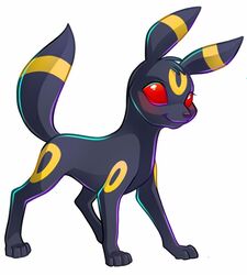  ambiguous_gender black_body black_fur black_hair black_nose eeveelution eyelashes feral fur generation_2_pokemon hair happy kuitsuku mammal markings nintendo no_sclera pokemon pokemon_(species) red_eyes simple_background smile solo standing umbreon white_background yellow_markings 