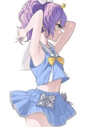  aqua_eyes armpits arms_up azur_lane bare_arms bare_shoulders blue_shirt blue_skirt bow bowtie cowboy_shot crop_top crop_top_overhang female from_side hair_ornament idol javelin_(azur_lane) javelin_(let&#039;s_become_waitresses!)_(azur_lane) looking_away midriff miniskirt navel official_alternate_costume ootani_nonno ponytail profile purple_hair sailor_collar shirt simple_background skirt sleeveless sleeveless_shirt solo stomach white_background 