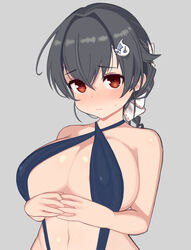  alternate_costume black_hair blue_slingshot_swimsuit blush breasts curvy female grey_background hair_flaps hair_ornament highres jingei_(kancolle) kantai_collection large_breasts long_hair navel red_eyes rose_neru simple_background slingshot_swimsuit solo sweatdrop swimsuit upper_body 