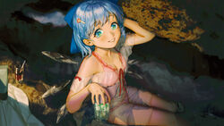  bikini blue_bow blue_eyes blue_hair blush bow breasts cirno cleavage congming_lan drink drinking_straw eyelashes female flip-flops from_above glass hair_ornament hairbow hairclip hand_up happy highres ice ice_cube ice_wings looking_up partially_submerged photoshop_(medium) sandals short_hair sitting smile solo sparkling_eyes summer swimsuit touhou towel water wings 