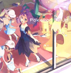  1boy 2girls :3 :d absurdres acerola_(pokemon) armlet banette brown_eyes brown_hair collarbone commentary copyright_name dhelmise dress drifblim froslass hair_ornament hat highres indoors multiple_girls nagatsukiariake open_mouth palossand pokemon pokemon_(creature) pokemon_sm preschooler_(pokemon) purple_hair sandals school_hat shoes short_hair short_sleeves smile socks standing stitches toes topknot white_legwear 