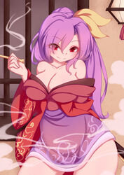  absurdres bad_id bad_pixiv_id blowing_smoke breasts chinese_commentary cleavage closed_mouth commentary cowboy_shot dior-zi dress female hair_between_eyes hair_ribbon highres holding holding_smoking_pipe indoors kiseru komakusa_sannyo lamp large_breasts long_hair long_sleeves looking_at_viewer off_shoulder purple_dress purple_hair red_ribbon red_robe ribbon robe smile smoke smoking smoking_pipe solo standing tobacco touhou v-shaped_eyebrows wide_sleeves yellow_ribbon 