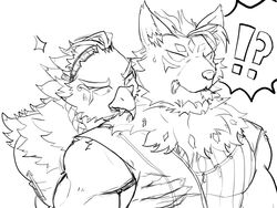  4:3 ?! absurd_res anothereidos_of_dragon_vein_r anthro avian bird canid canine canis duo groping_chest groping_from_behind hi_res male male/male mammal monochrome muscular muscular_anthro muscular_male pecs rdilfur surprised_expression wolf yabsakha_(anothereidos_r) zacharoff_(anothereidos_r) 