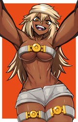  abs absurdres armpits belt belt_bra blonde_hair breasts cleavage collarbone dark-skinned_female dark_skin female framed ghgnvm guilty_gear guilty_gear_xrd highres long_hair looking_at_viewer medium_breasts midriff muscular muscular_female navel open_mouth ramlethal_valentine red_eyes sharp_teeth shiny_skin short_shorts shorts simple_background solo stomach teeth thigh_gap thigh_strap thighs underboob white_belt white_shorts yellow_eyes 