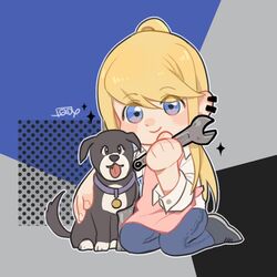  :p animal apron bangs black_background black_earrings black_eyes black_footwear blonde_hair blue_background blue_eyes blush blush_stickers canine chibi collar den_(fma) denim dog_collar dress_shirt ear_piercing earrings eyebrows_visible_through_hair female fingernails fqdyy full_body fullmetal_alchemist grey_background hair_over_eyes happy holding holding_wrench hug jeans jewelry kneeling long_hair looking_at_viewer multicolored multicolored_background pants piercing pink_apron polka_dot polka_dot_background ponytail shirt signature smile solo sparkle tongue tongue_out white_shirt winry_rockbell wrench 