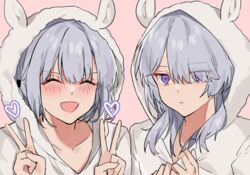  2girls ak-15_(girls_frontline) aogisa artificial_eye defy_(girls_frontline) double_v girls_frontline multiple_girls purple_eyes rpk-16_(girls_frontline) silver_hair v 