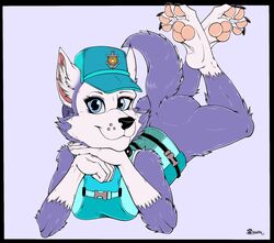  2021 anthro ass blue_eyes bottomless bottomless_anthro bottomless_female canid canine canis claws clothed clothing crossed_legs domestic_dog everest_(paw_patrol) feet female fur hands_on_chin hat headgear headwear husky inner_ear_fluff legs_up looking_at_viewer lying mammal marcushunter mouth_closed nordic_sled_dog on_front paw_patrol pawpads paws raised_tail signature smile smiling_at_viewer soles solo spitz tail toe_claws toes topwear tuft wide_eyed 