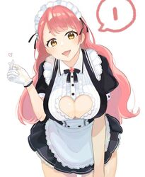  aizono_manami aizono_manami_(1st_costume) apron black_dress breasts cleavage cleavage_cutout clothing_cutout cowboy_shot dress female finger_heart gloves head_tilt heart iu_(iuiu1103) lace-trimmed_dress lace_trim large_breasts leaning_forward long_hair looking_at_viewer maid maid_apron maid_headdress nijisanji open_mouth pink_hair puffy_short_sleeves puffy_sleeves short_dress short_eyebrows short_sleeves simple_background smile solo speech_bubble swept_bangs thick_eyebrows very_long_hair virtual_youtuber white_background white_gloves wing_collar yellow_eyes 