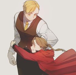  2boys :d ^_^ age_difference alphonse_elric arms_at_sides black_pants blonde_hair blush clenched_teeth closed_eyes coat conqueror_of_shambala dress_shirt dual_persona floating_hair fullmetal_alchemist grey_background happy height_difference highres hood hood_down hooded_coat hug light_brown_hair long_sleeves looking_at_another looking_down male_focus multiple_boys necktie open_mouth pants ponytail protected_link red_coat shirt simple_background smile standing sumssingbo teeth time_paradox upper_body waist_hug waistcoat white_shirt yellow_eyes yellow_necktie 