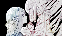  2girls armor bad_id bad_pixiv_id bandages bandages_over_eyes black_background black_gloves christy_mii commentary_request covered_eyes dark_background expressionless eyes_visible_through_hair face-to-face from_side giovanna_(madoka_magica) gloves hand_on_another&#039;s_cheek hand_on_another&#039;s_face jewelry long_hair looking_at_another looking_up magia_record:_mahou_shoujo_madoka_magica_gaiden magical_girl mahou_shoujo_madoka_magica multiple_girls nanami_yachiyo own_hands_together pauldrons profile shoulder_armor sidelocks simple_background straight_hair tamaki_iroha upper_body yuri 