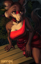  2021 5_fingers anthro armband artist_name beastars bench big_breasts black_nose breasts brown_body brown_fur canid canine canis choker cleavage clothed clothed_anthro clothed_female clothing crossed_legs detailed_background dress dress_only female fingers fur goatesque hi_res jewelry juno_(beastars) mammal multicolored_body multicolored_fur necklace one_shoulder_out plant red_clothing red_dress shrub single_strap single_strap_clothing single_strap_dress sitting solo two_tone_body two_tone_fur white_body white_fur wolf 