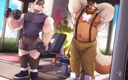  2021 anthro armpit_hair bear beard belly body_hair bottomwear canid canine canis chest_hair clothed clothing detailed_background dumbbell duo dutch_angle exercise eyewear facial_hair footwear glasses gym hair hands_behind_head hi_res hybrid inside looking_at_another mako_(makowolf1) makowolf1 male mammal maximus_(silverback088) musclegut muscular muscular_anthro muscular_male navel nipples one_eye_closed pants plant shirt shoes shorts smile smirk standing suspenders tank_top topless topless_male topwear ursine weight_bench weightlifting weights window wink wolf workout 