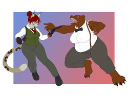  2021 4:3 5_fingers 5_toes absurd_res angry anthro barefoot bear black_bow_tie black_tail blue_background border bottomwear bow_(feature) bow_in_front bow_tie bridgette_o&#039;shane brown_bear brown_body brown_clothing brown_footwear brown_fur brown_shoes canid canine canis clothing dipstick_tail domestic_dog duo eyewear feet felid feline female female/female fight fingers footwear front_view frown full-length_portrait fur glasses gradient_background green_clothing green_eyes green_topwear green_vest grey_bottomwear grey_clothing grey_pants grey_tail gun hair hair_bun handgun hi_res holding_gun holding_handgun holding_object holding_ranged_weapon holding_revolver holding_weapon hunting_dog jumping left-handed lynx lynxuki mammal markings musclegut muscular ndragon3 necktie open_mouth overweight overweight_anthro overweight_female pants pink_background portrait ranged_weapon red_hair red_necktie revolver ruger_(brand) ruger_blackhawk saluki shoes shoulder_holster sighthound simple_background slightly_chubby slightly_chubby_anthro slightly_chubby_female snout spots spotted_markings spotted_tail suit suspenders tail tail_markings teeth three-quarter_view three_piece_suit toes topwear torn_clothing torn_sleeves ursine vest weapon white_border white_dress_shirt wishbone_mouth 