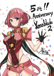  aotsuba bad_id bad_twitter_id black_gloves bob_cut breasts chest_jewel drop_earrings earrings female g-string gloves highres impossible_clothes jewelry large_breasts micro_shorts pyra_(xenoblade) red_eyes red_hair red_shorts red_thighhighs short_hair short_shorts short_sleeves shorts skindentation solo swept_bangs thighhighs thong tiara xenoblade_chronicles_(series) xenoblade_chronicles_2 