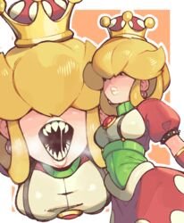  absurdres bad_id bad_pixiv_id blonde_hair breasts dress earrings female gloss_(hotglossed) hair_over_eyes highres jewelry large_breasts lipstick makeup mario_(series) new_super_mario_bros._u_deluxe personification princess_piranha_plant red_dress saliva sharp_teeth spikes super_crown suspenders teeth white_lips 