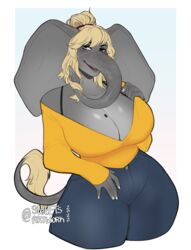  accessory anthro big_breasts big_ears blonde_hair blue_eyes bottomwear breasts cleavage clothed clothing denim denim_bottomwear denim_clothing elephant elephantid faye_(rockerbobo) female fully_clothed grey_body grey_skin hair hair_accessory hair_tie hi_res jeans lipstick looking_at_viewer makeup mammal markings mature_female mole_(marking) pants proboscidean proboscis_(anatomy) rockerbobo smile solo sweetburn tail tail_tuft trunk trunk_(anatomy) tuft wide_hips 