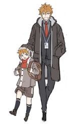  2boys alternate_costume backpack bag black_footwear black_legwear black_pants blue_eyes brothers brown_shorts coat commentary genshin_impact grin hair_between_eyes hand_in_pocket hat highres hood hood_down id_card jacket kneehighs lanyard long_sleeves multiple_boys necktie open_mouth orange_hair pants papajay_(jennygin2) red_necktie red_scarf scarf shirt shorts siblings simple_background smile socks symbol-only_commentary tartaglia_(genshin_impact) teucer_(genshin_impact) white_background 