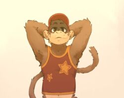  2022 anthro baseball_cap bottomless brown_body brown_eyes brown_fur clothed clothing diddy_kong donkey_kong_(series) fur hair half-length_portrait hands_behind_head haplorhine hat headgear headwear hollo_nut looking_at_viewer male mammal midriff monkey navel nintendo portrait primate red_baseball_cap red_clothing red_hat red_headwear simple_background smile solo tail topwear 