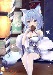  absurdres ahoge animal_ears aqua_hair arino_ayarei asashio_(azur_lane) asashio_(snow-dusted_lynx_tips)_(azur_lane) azur_lane bare_shoulders bell breasts bug butterfly cat_ears chocolate cleavage commentary_request covered_mouth detached_collar eating female fur_scarf grey_eyes hair_ornament highres japanese_clothes kimono lantern large_breasts long_hair looking_at_viewer obi official_alternate_costume panties panty_peek paper_lantern petals sash short_kimono sidelocks sitting solo thighhighs underwear white_panties white_thighhighs wide_sleeves wooden_floor zettai_ryouiki 