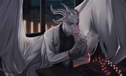  2021 anthro clothed clothing coat depression digital_media_(artwork) diploma dragon fully_clothed furniture garland grey_eyes hi_res horn inside lab_coat male membrane_(anatomy) membranous_wings mythological_creature mythological_scalie mythology sad saren_(saren662) scalie scar sitting smoke smoking solo table tail topwear white_body window wings xsissa 