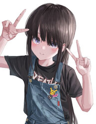  absurdres bad_id bad_twitter_id black_shirt blue_overalls blush brown_hair clothes_writing double_v female gishiki_(gshk) hands_up highres long_hair looking_at_viewer original overalls pikachu pokemon purple_eyes shirt short_sleeves simple_background smile solo ss_insignia upper_body v white_background 