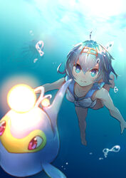  air_bubble amazarash1 anglerfish barefoot blue_eyes blue_hair blue_sailor_collar bubble closed_mouth collarbone commentary_request female fish hairband lana_(pokemon) lanturn light outstretched_arms pokemon pokemon_(creature) pokemon_sm sailor_collar shirt short_hair sleeveless swimming tentacruel toes underwater 