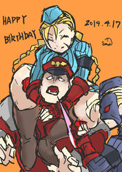  1boy 2girls ^_^ absurdres alternate_costume arm_blade asphyxiation cammy_white choke_hold closed_eyes commentary_request dated decapre false_smile happy_birthday highres leotard m._bison mask multiple_girls red_eyes ribbed_leotard samidare_satsuki sitting_on_shoulder smile strangling street_fighter street_fighter_iv_(series) street_fighter_zero_(series) weapon 