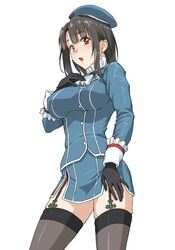  airplane_ornament beret black_gloves black_hair black_thighhighs blush breasts commentary_request female garter_straps gloves hat kantai_collection large_breasts looking_at_viewer military military_uniform nigou open_mouth red_eyes short_hair solo takao_(kancolle) thighhighs uniform 