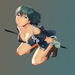  bandages bare_shoulders blue_eyes breasts cleavage cometch commentary_request covered_nipples female geta green_hair japanese_clothes large_breasts leaning_forward looking_to_the_side looking_up ninja original seiza short_hair sitting solo 