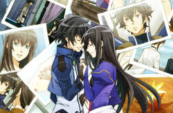  1boy bad_id bad_pixiv_id black_hair blue_eyes brown_eyes brown_hair closed_eyes couple double_bun dress elbow_gloves female fingerless_gloves flower gloves gundam gundam_00 hair_bun holding_hands interlocked_fingers jacket kazu_sanbon long_hair marina_ismail open_mouth photoshop_(medium) ponytail red_eyes setsuna_f._seiei short_hair smile straight uniform 