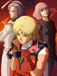  2boys bad_id bad_pixiv_id blonde_hair cabbage666 char_aznable commentary_request female gundam haman_karn logo multiple_boys paptimus_scirocco purple_hair quattro_bajeena sunglasses zeta_gundam 